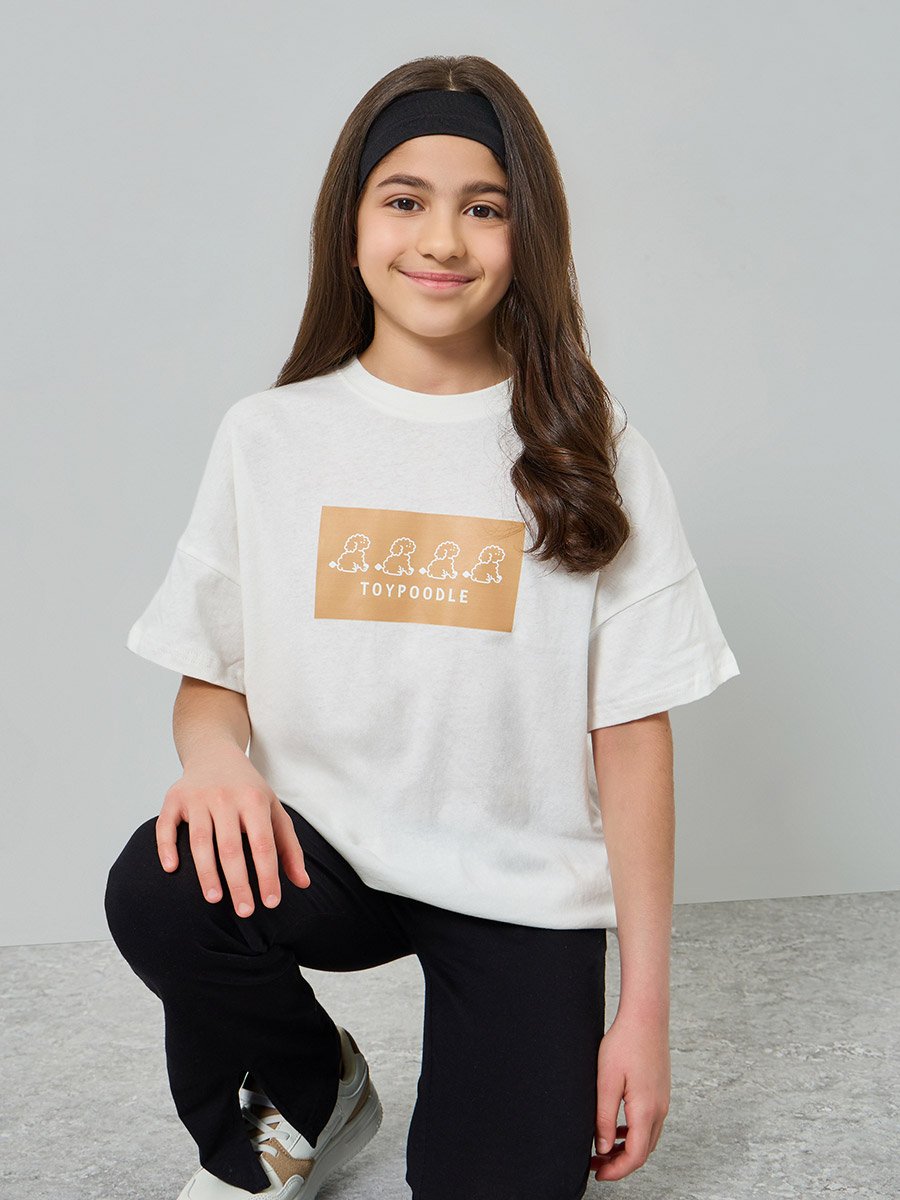 Teen Girls White Cotton Graphic Relaxed T-Shirt