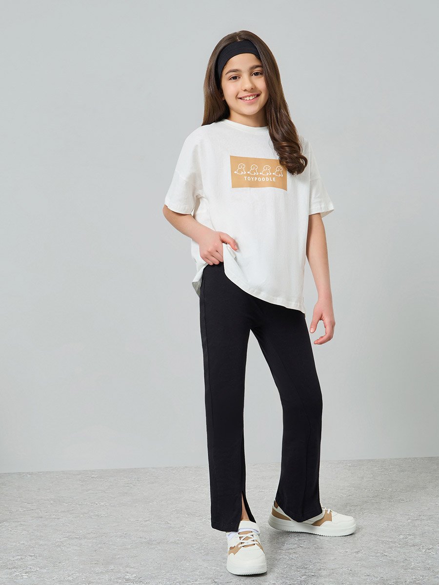 Teen Girls White Cotton Graphic Relaxed T-Shirt