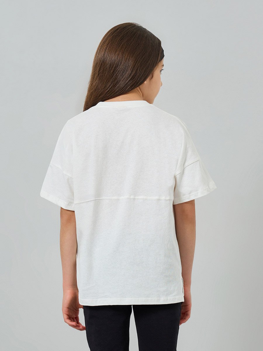 Teen Girls White Cotton Graphic Relaxed T-Shirt