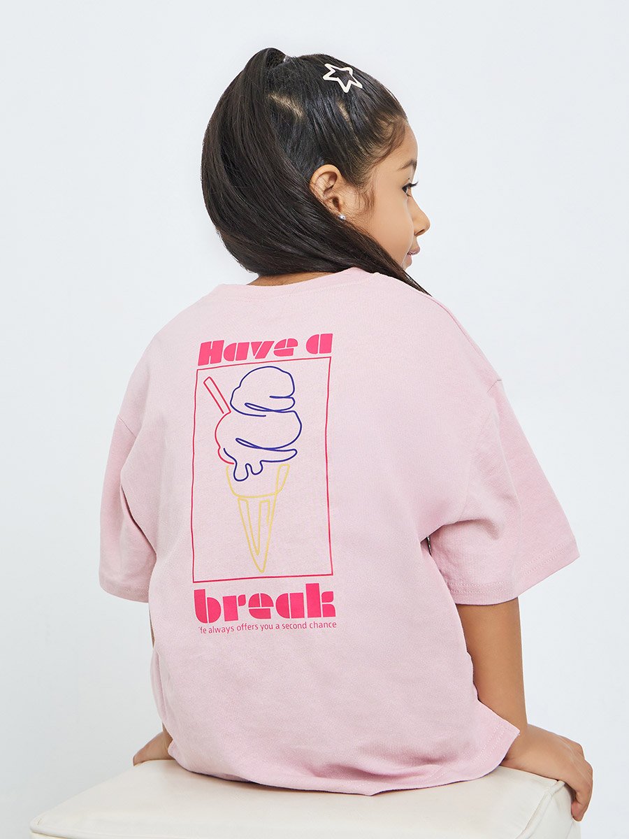 Girls Pink Cotton Graphic Print Oversized T-Shirt