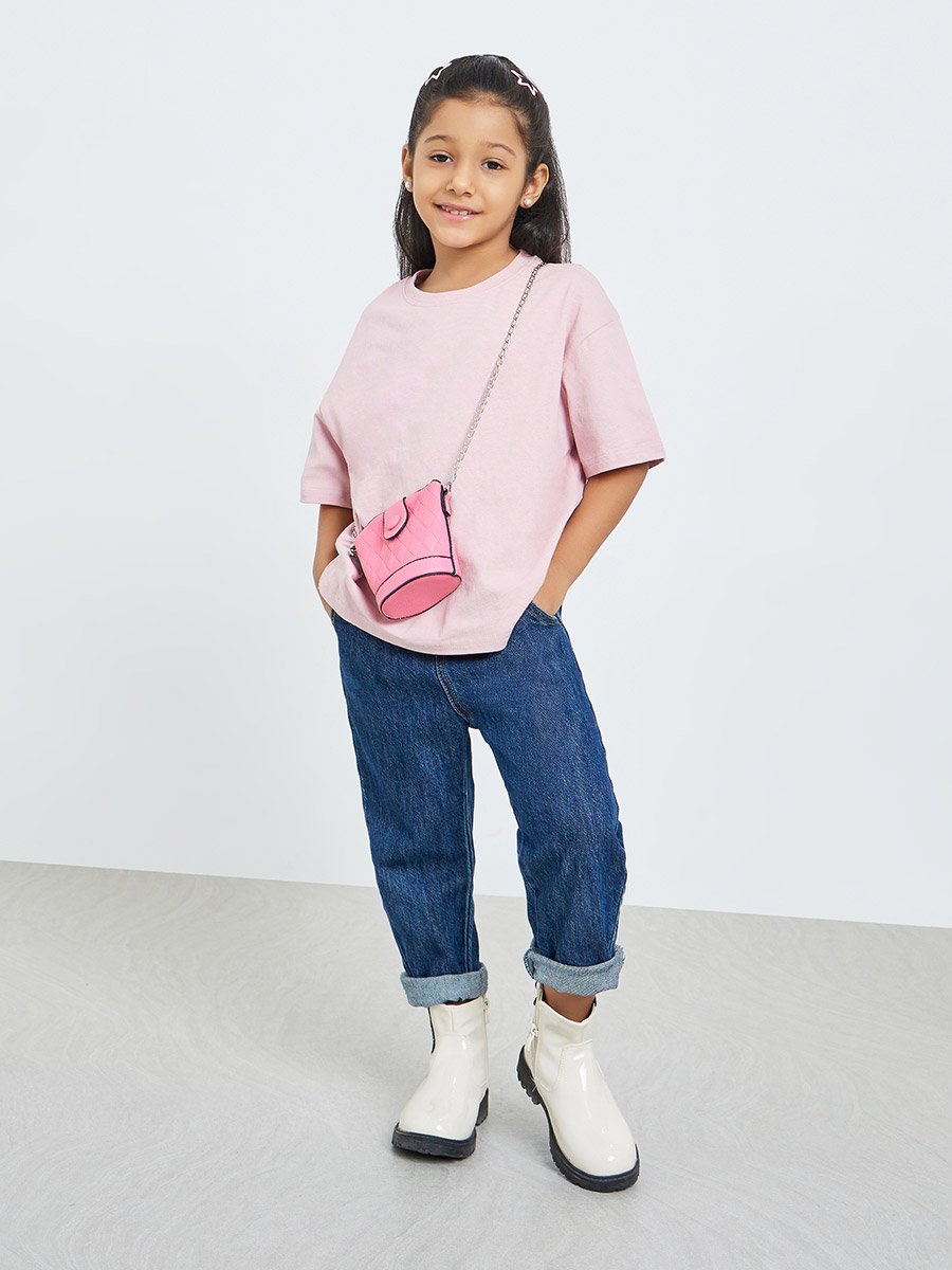 Girls Pink Cotton Graphic Print Oversized T-Shirt