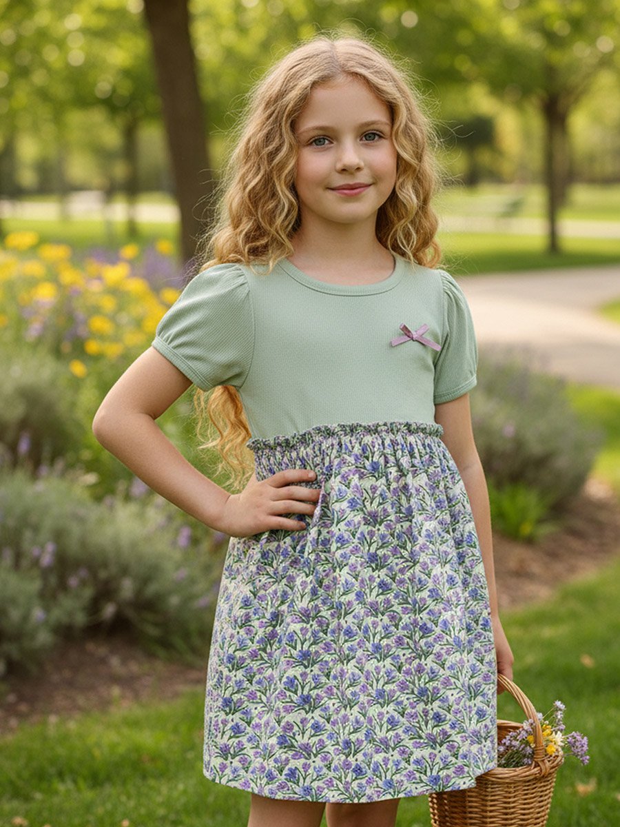Girls Floral Print Puff Sleeve Dress
