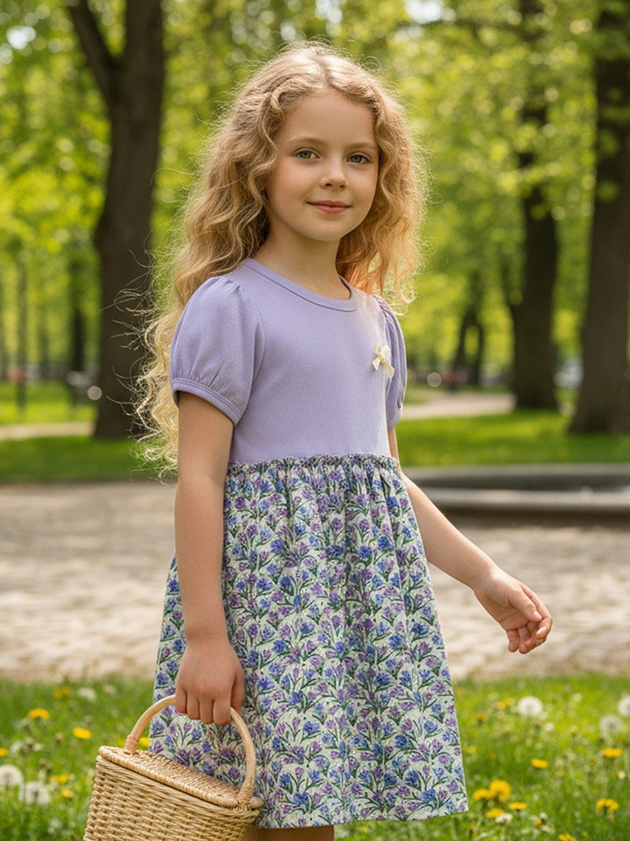 Girls Floral Print Puff Sleeve Dress