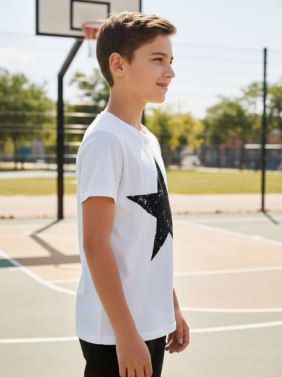 White Star Print Round Neck T-Shirt