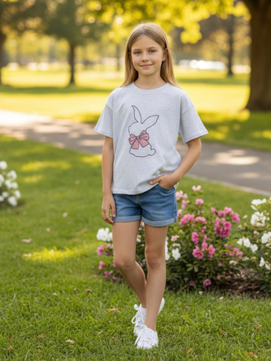 Girls Graphic Print Dropped Shoulder Short Sleeve T-Shirt
