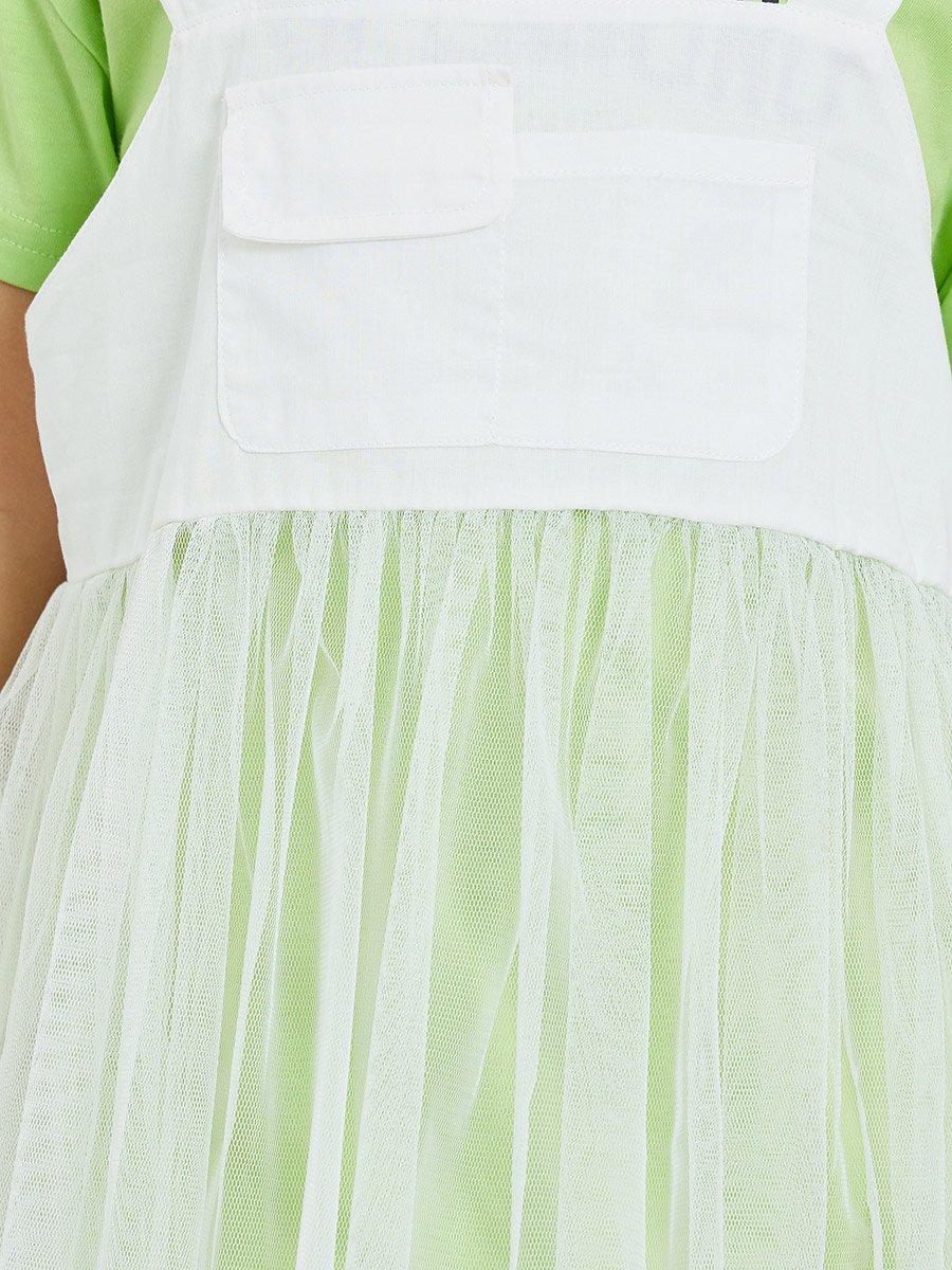 Girls Text Print Round Neck T-Shirt and Solid Mesh Cami Dress Set