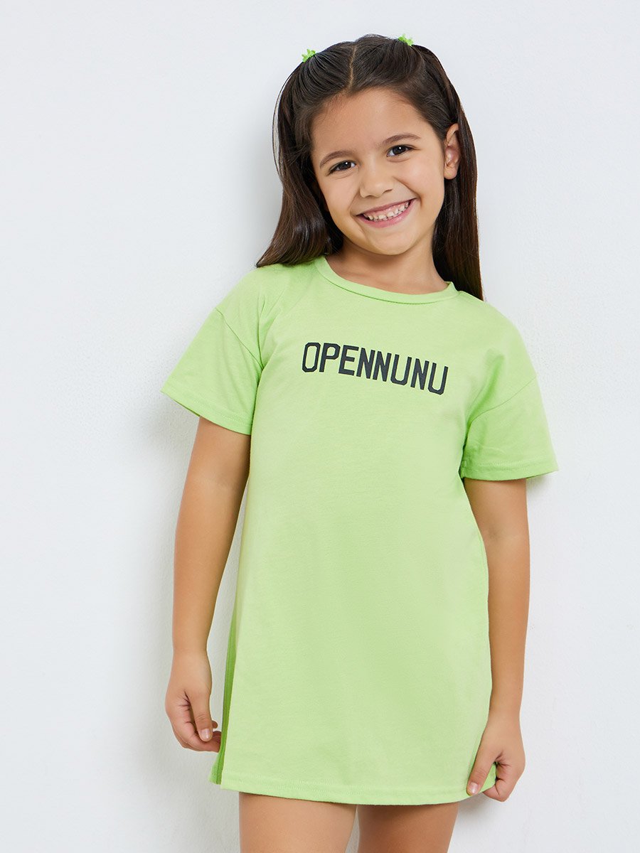 Girls Text Print Round Neck T-Shirt and Solid Mesh Cami Dress Set