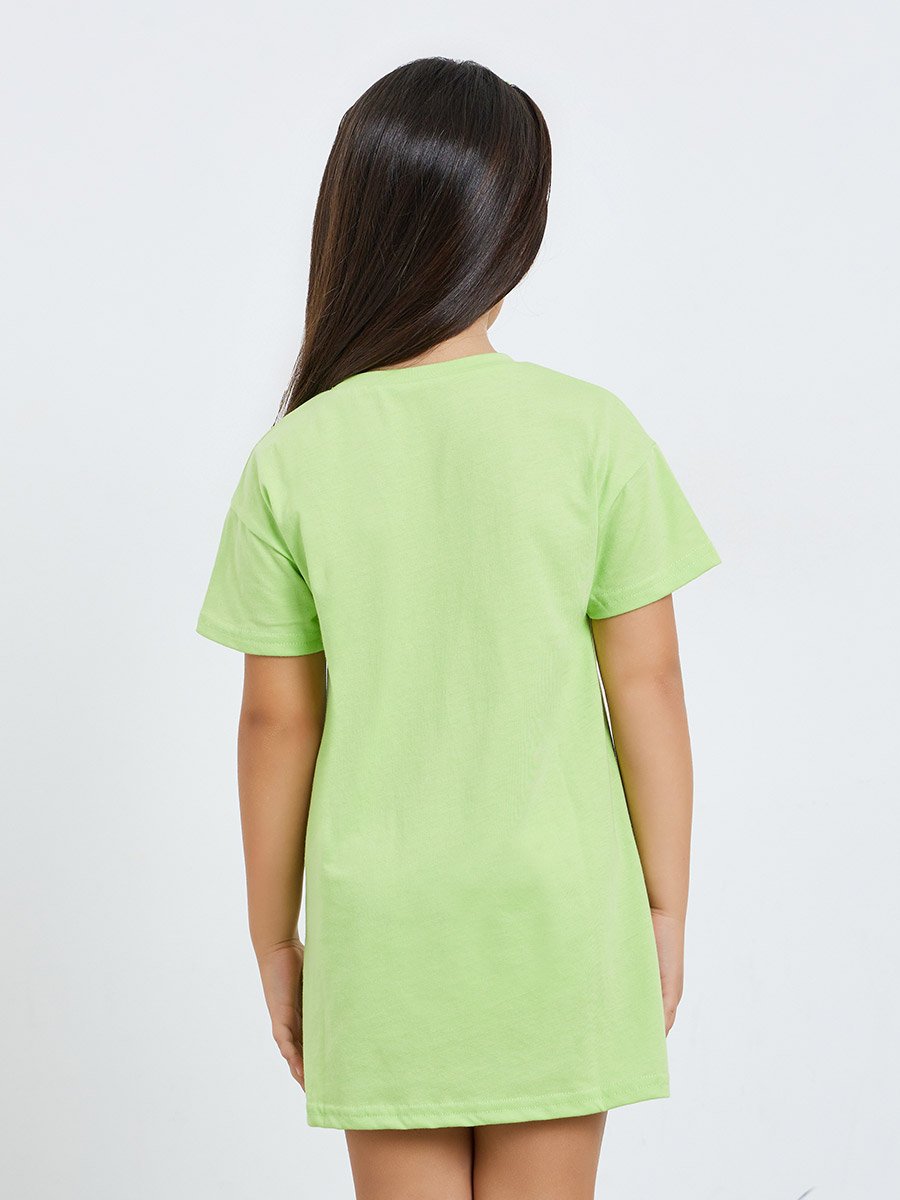 Girls Text Print Round Neck T-Shirt and Solid Mesh Cami Dress Set