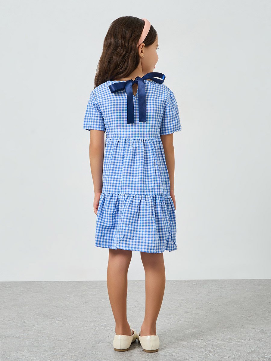 Girls Checked Short Sleeve Tiered Dress