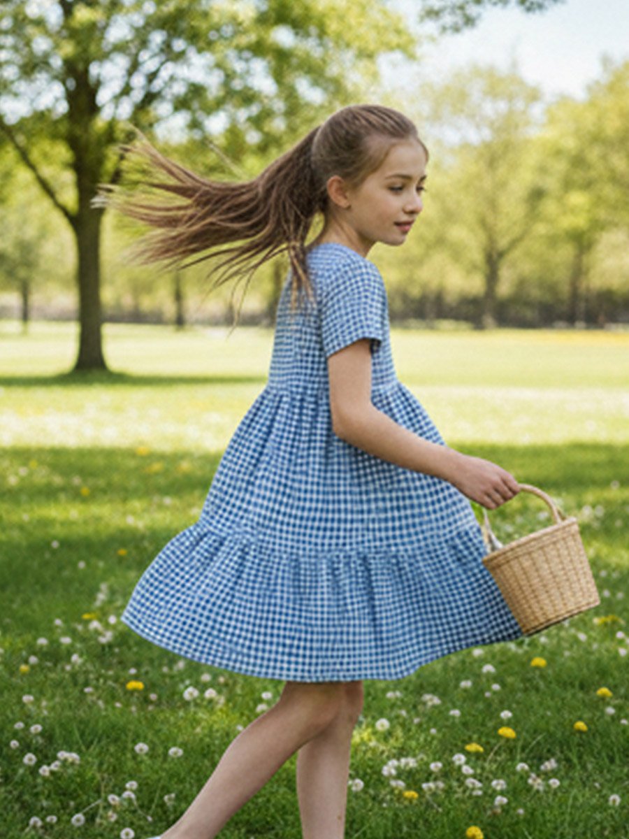 Girls Checked Short Sleeve Tiered Dress