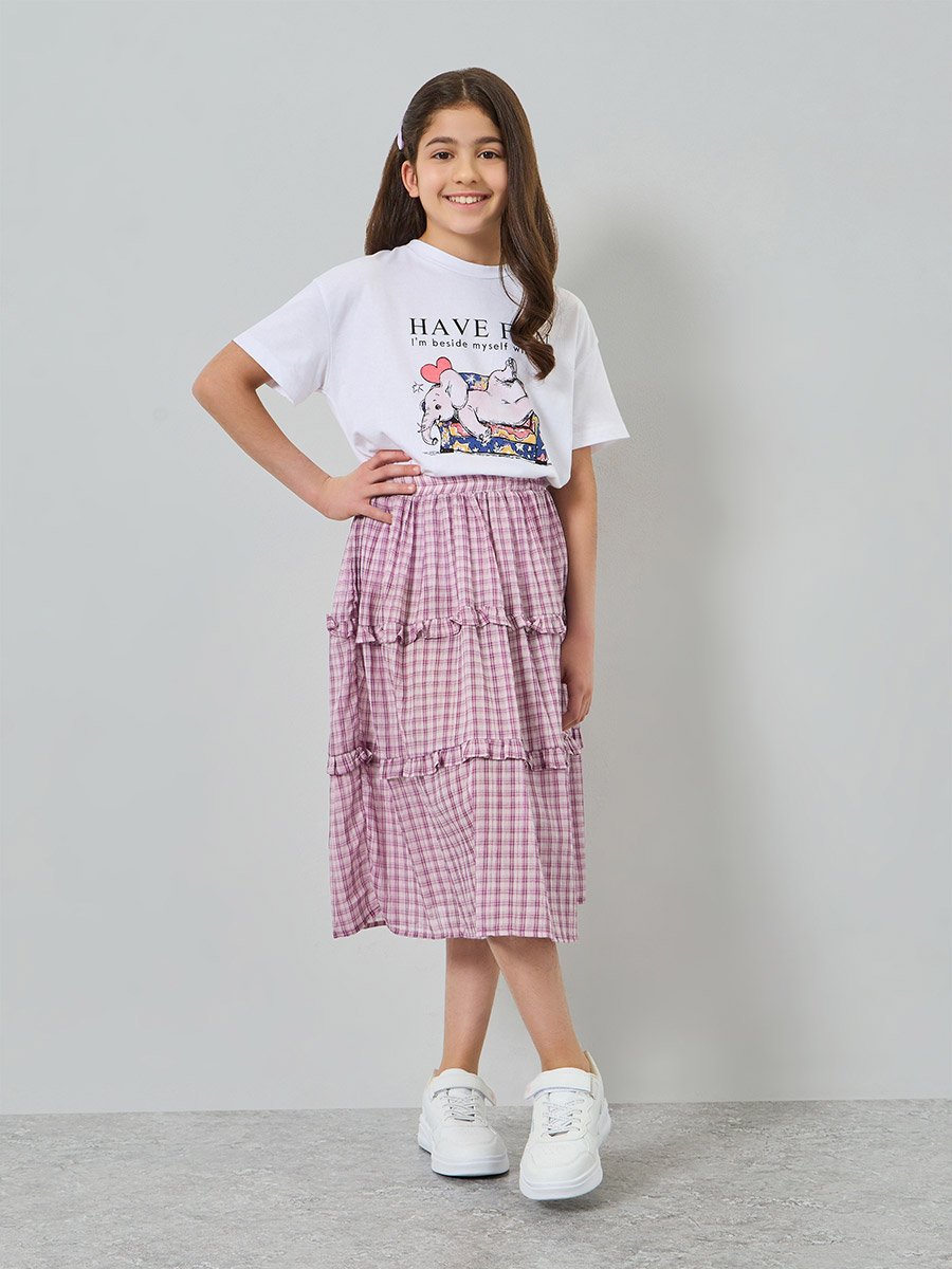 Teen Girls Printed T-Shirt and Checked Ruffled Skirt Set