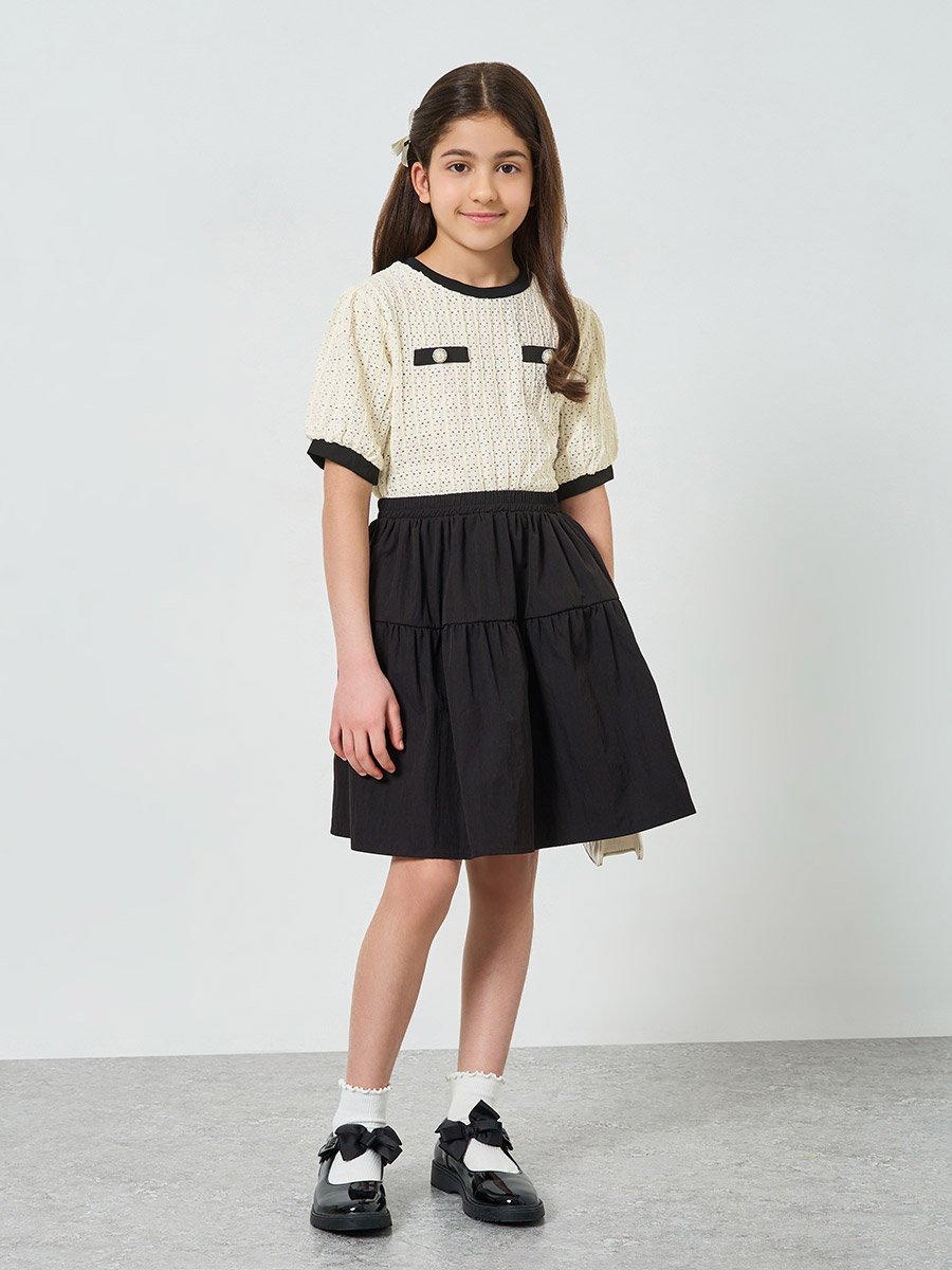 Teen Girls Contrast Trim Knit Top and Skirt Set