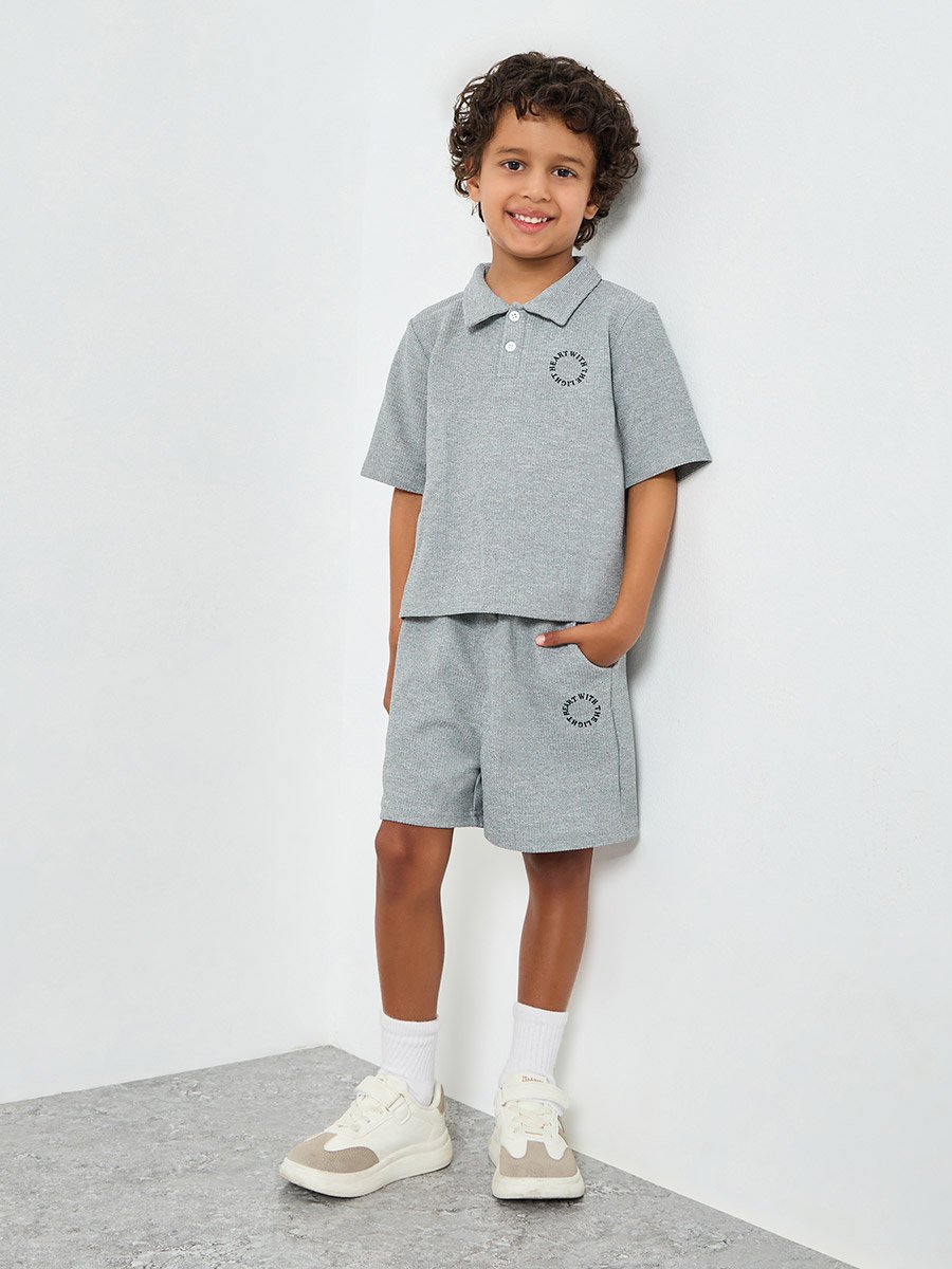 Boys Text Print Textured Polo and Shorts Set