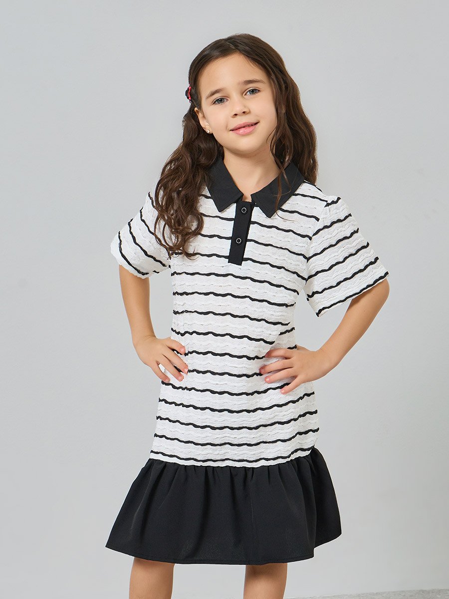 Girls Striped Collared Ruffle Hem Dress
