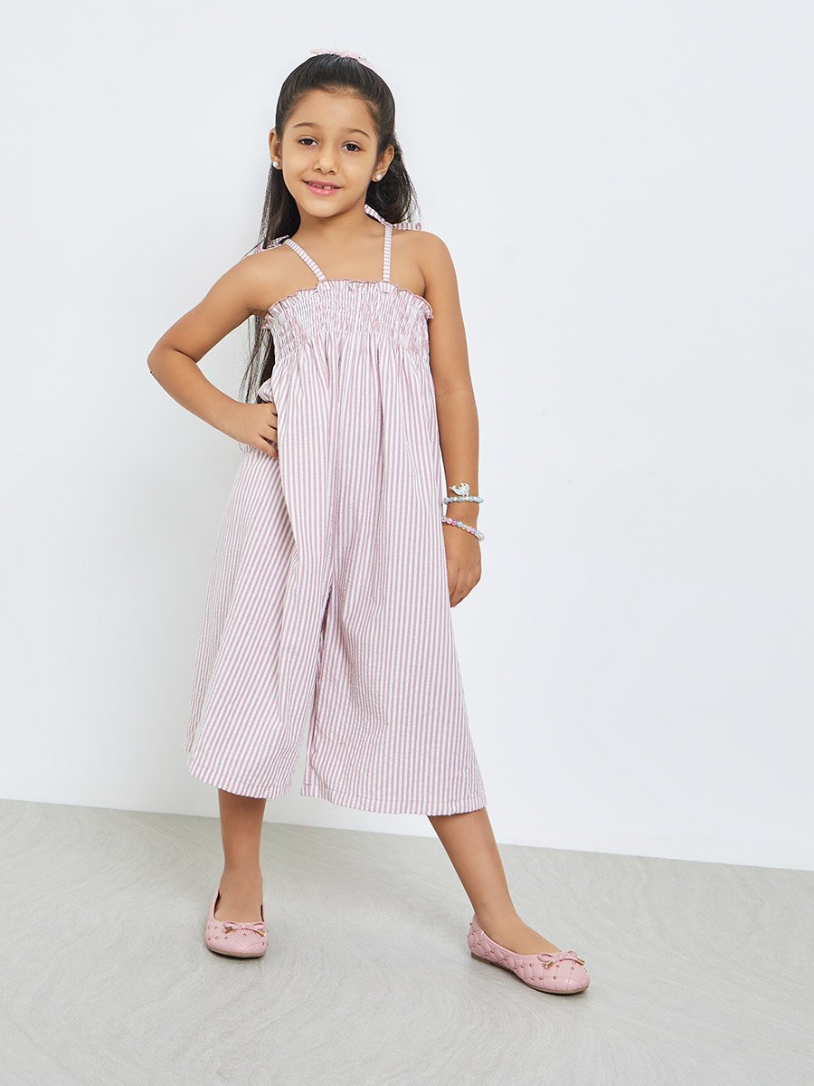 Girls Striped Smocked Wide Leg Jumpsuit
