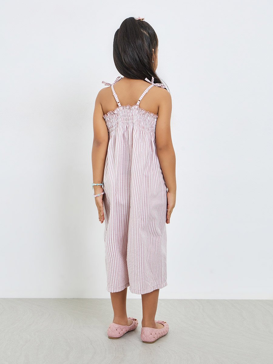Girls Striped Smocked Wide Leg Jumpsuit