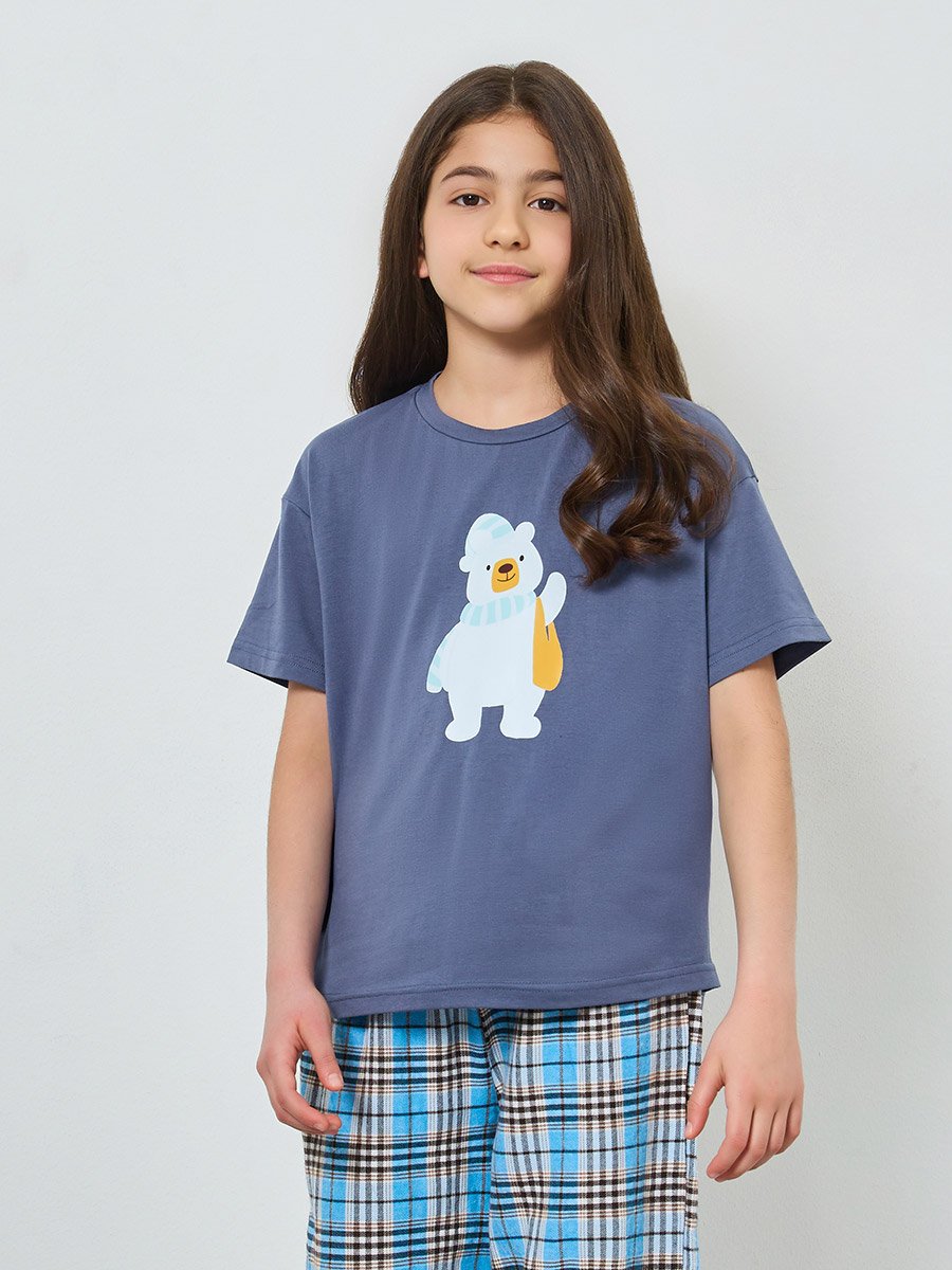 Teen Girls Printed T-Shirt and Checked Pants Set