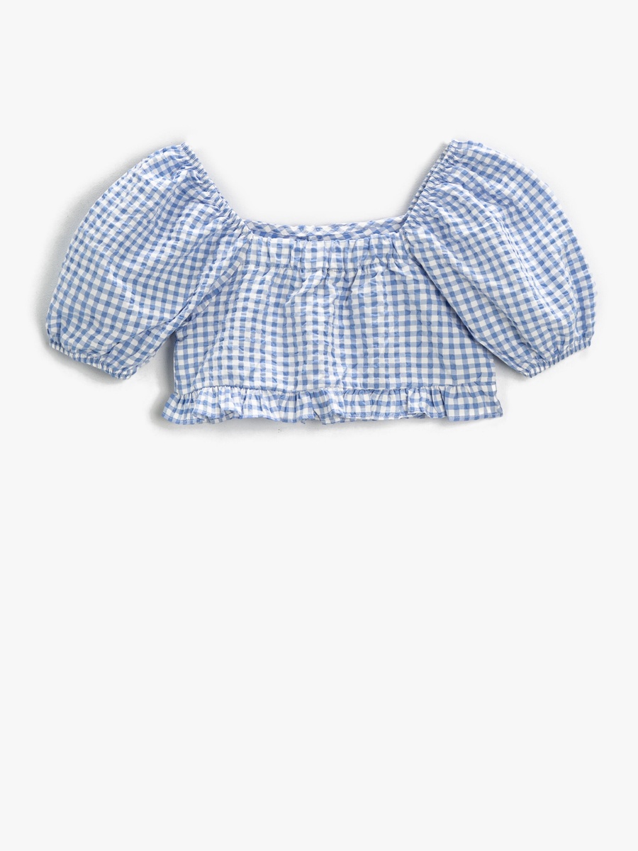 Checked Crop Tank Top with Puff Sleeves