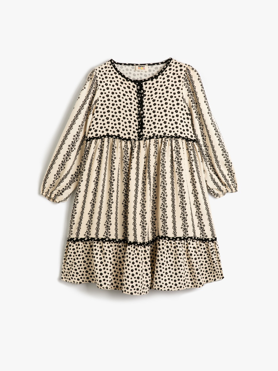 Floral Button Detail Crew Neck Dress with Elastic Cuffs