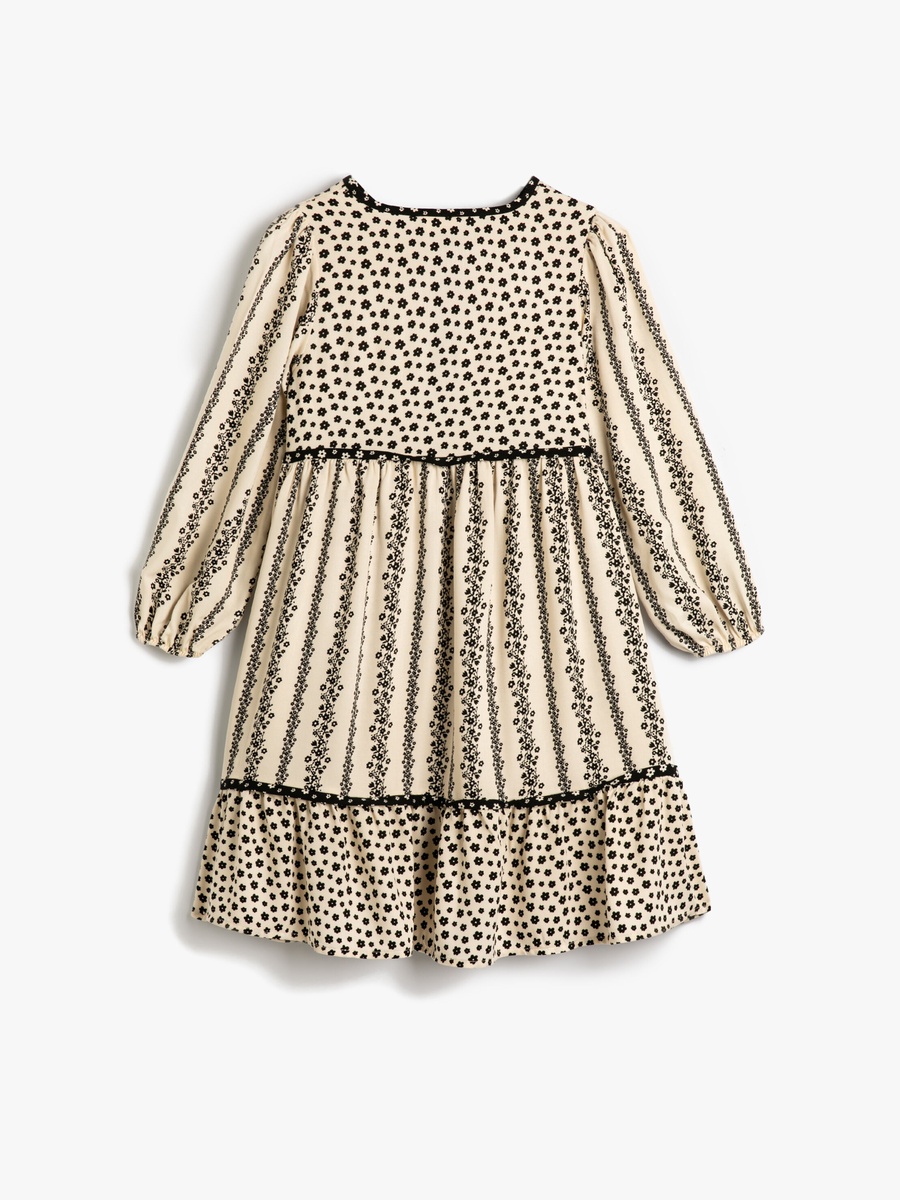Floral Button Detail Crew Neck Dress with Elastic Cuffs