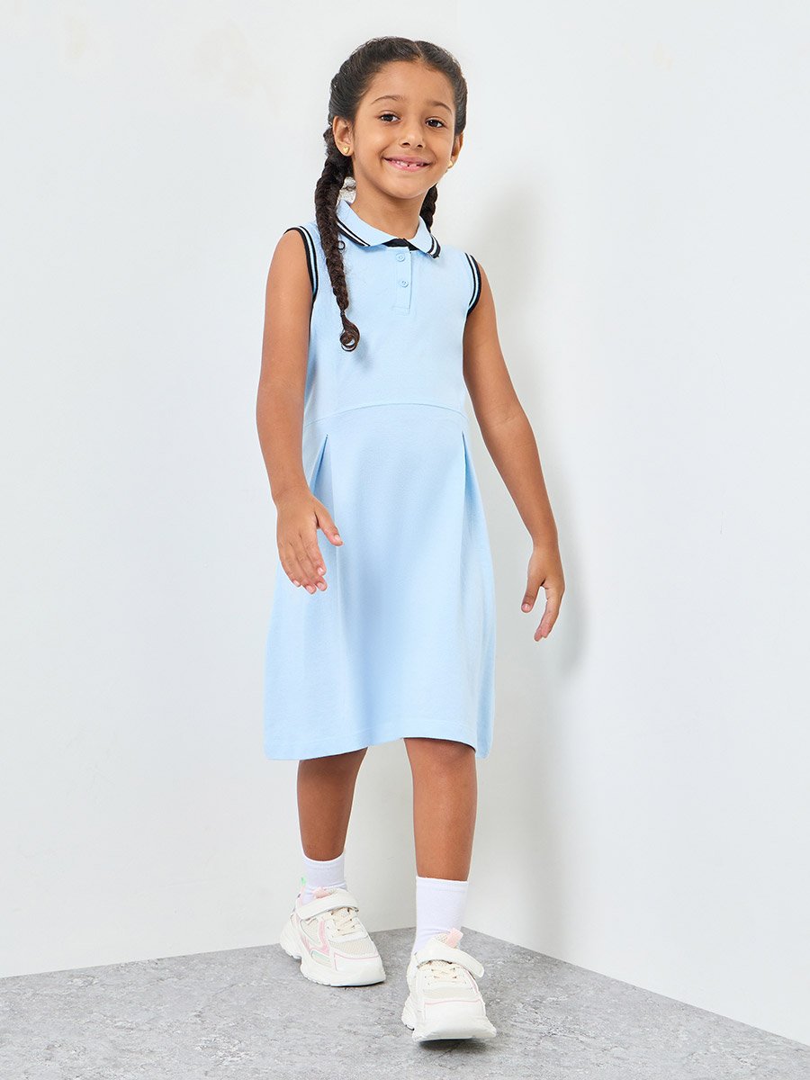Girls Blue Polo T-Shirt Dress with Tipping Detail