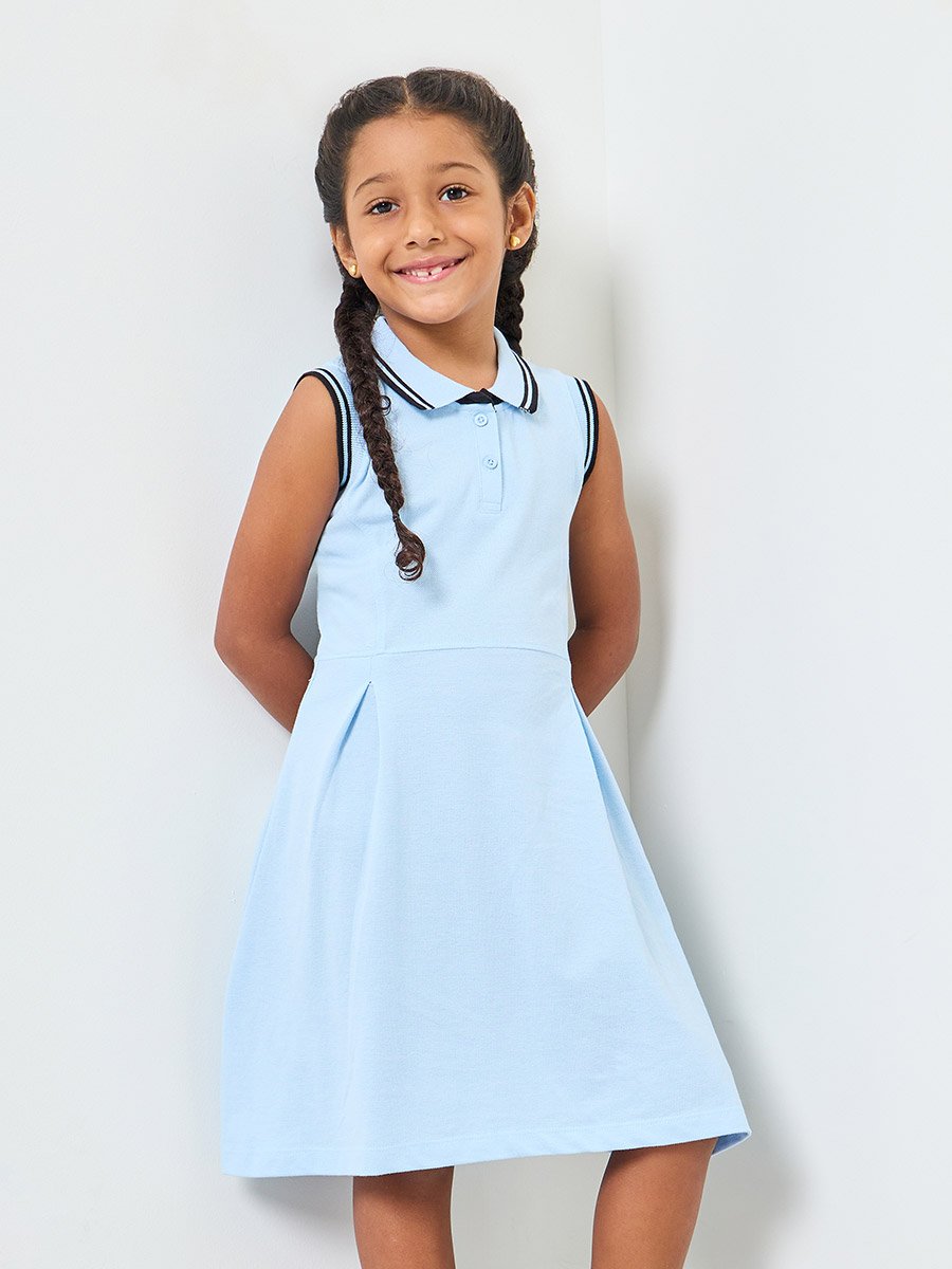 Girls Blue Polo T-Shirt Dress with Tipping Detail