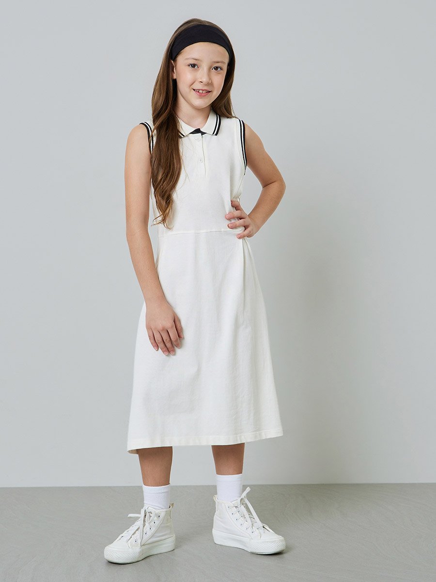 Girls Contrast Rib Tipped Sleevless Polo Dress