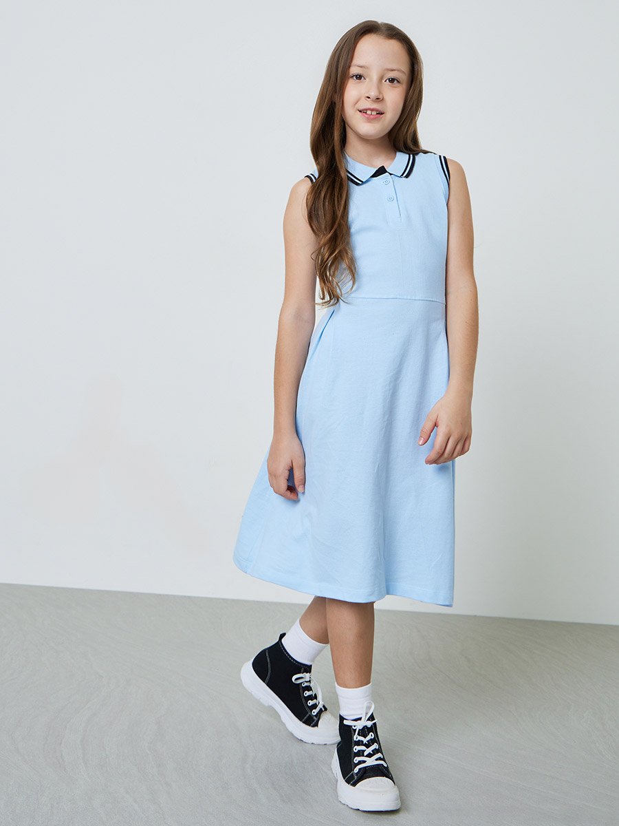 Girls Contrast Rib Tipped Sleevless Polo Dress