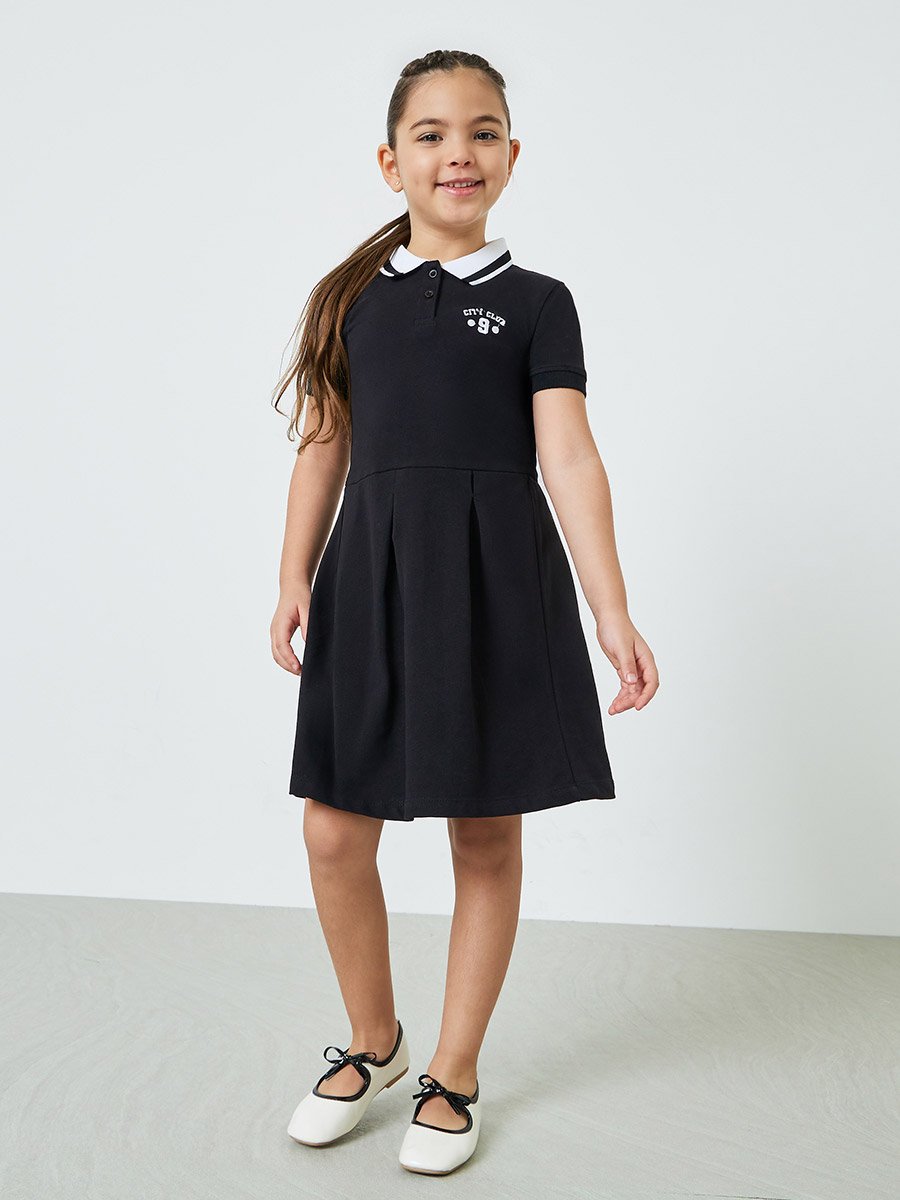 Girls Black Polo Dress with Minimal Embroidery