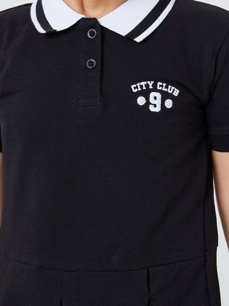 Girls Black Polo Dress with Minimal Embroidery