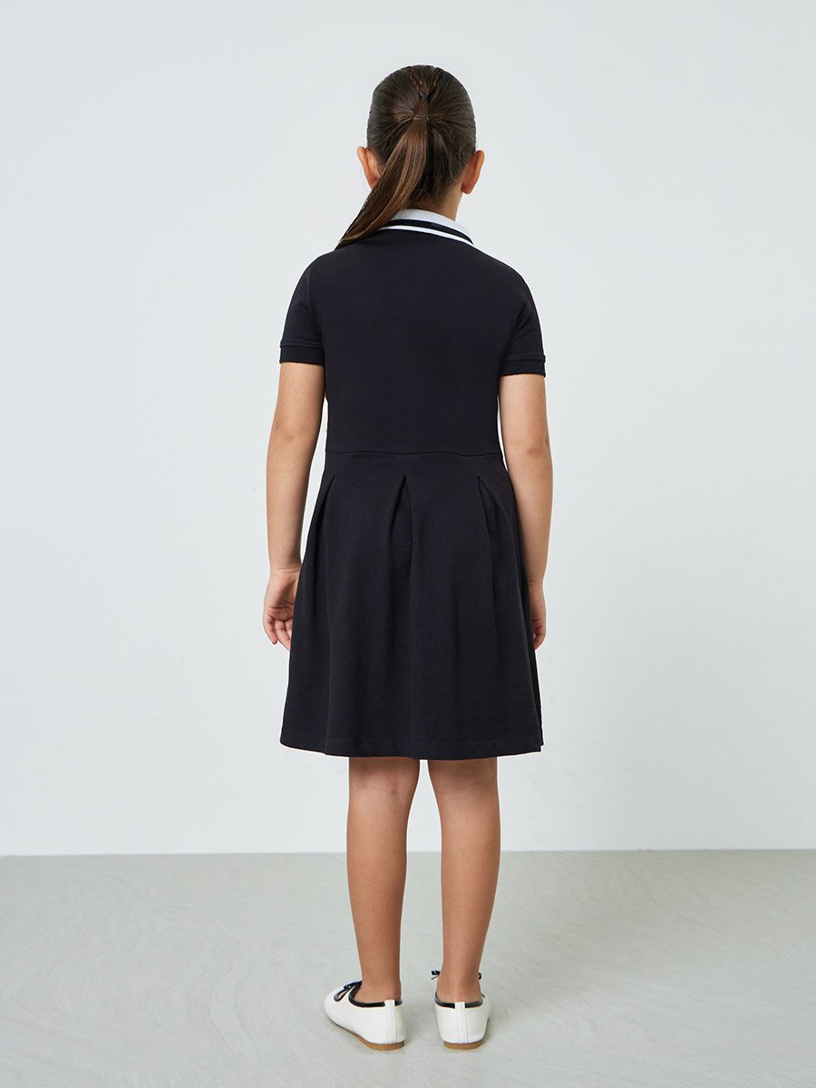 Girls Black Polo Dress with Minimal Embroidery