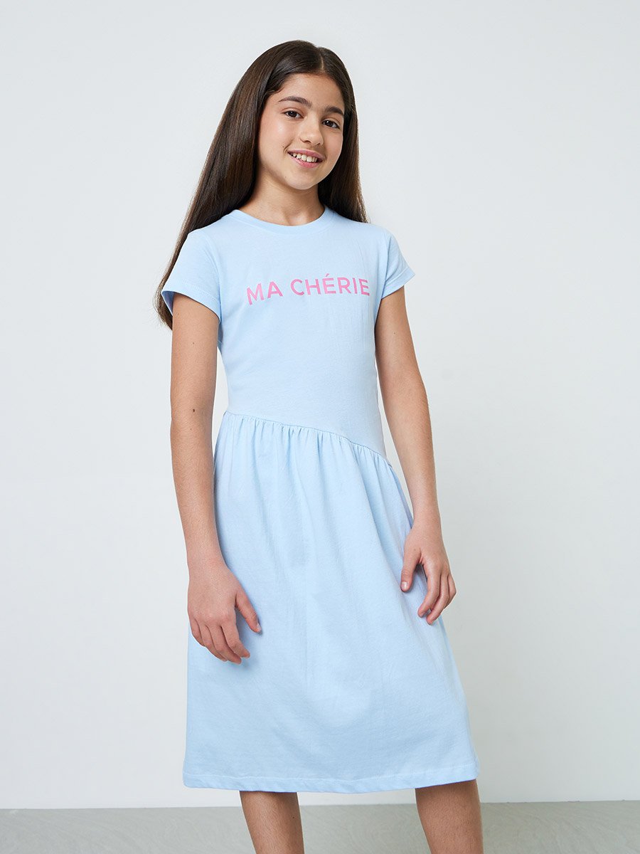 Teen Girls Light Blue Round Neck Cotton T-Shirt Dress