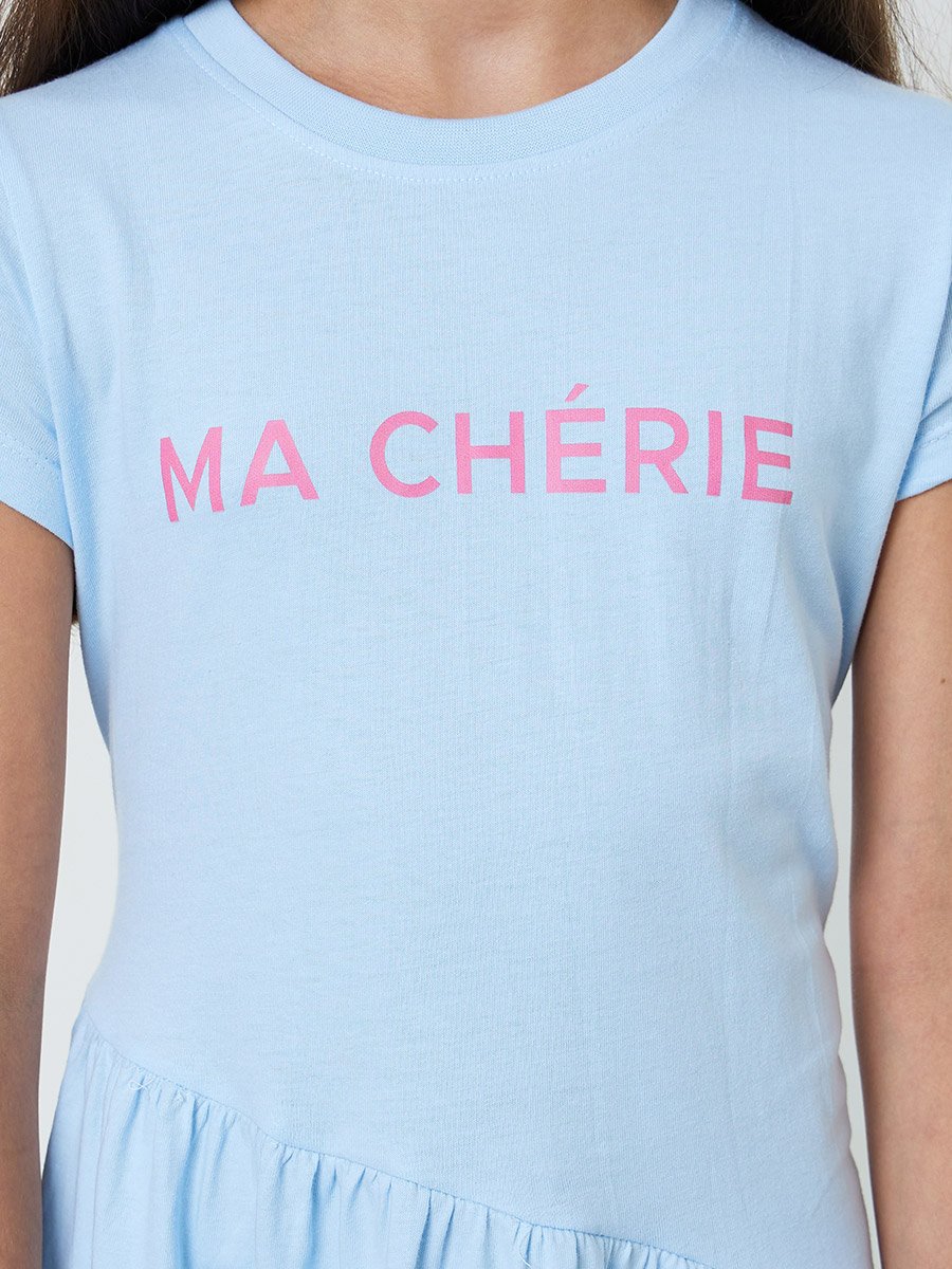 Teen Girls Light Blue Round Neck Cotton T-Shirt Dress