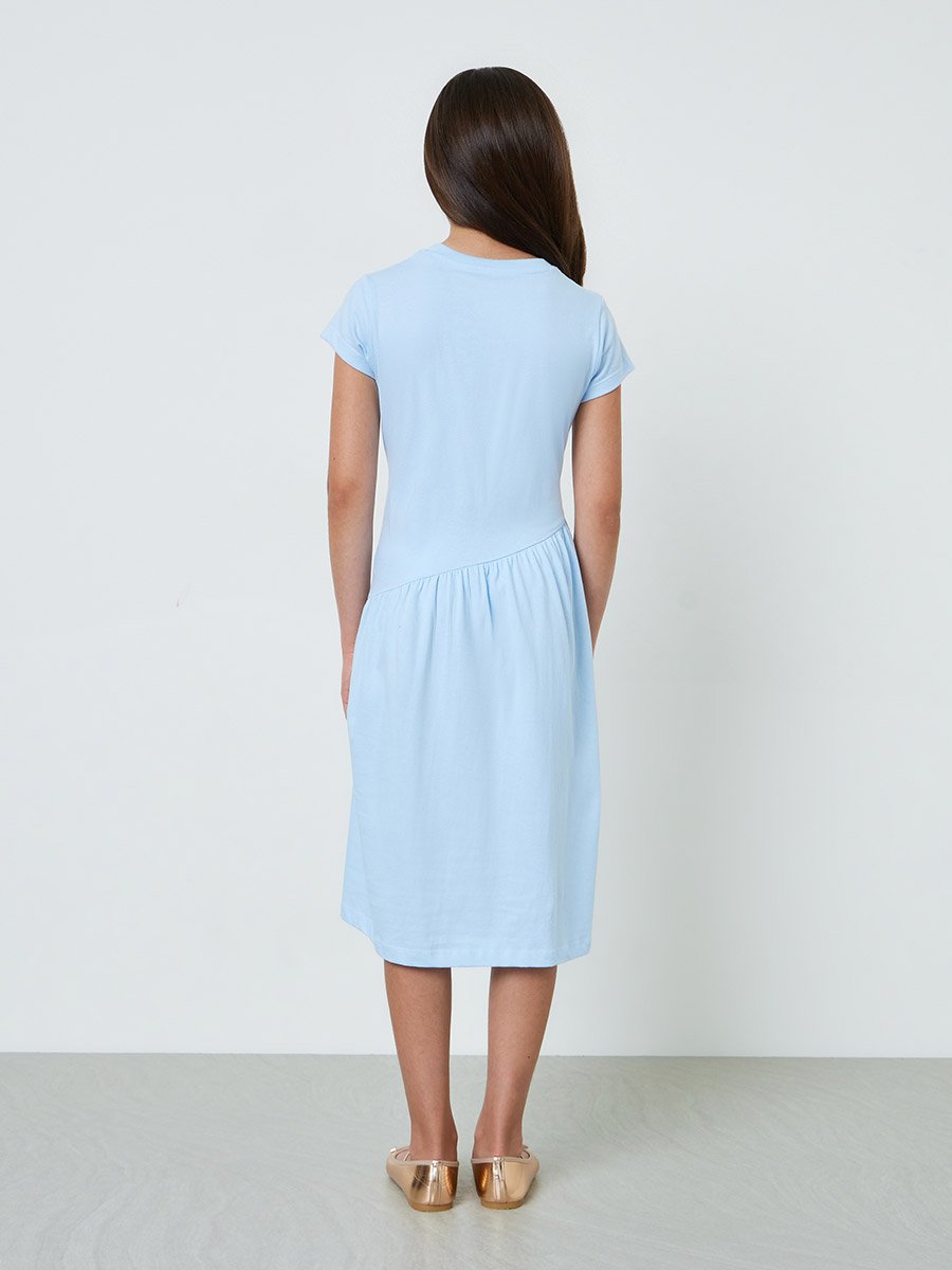 Teen Girls Light Blue Round Neck Cotton T-Shirt Dress