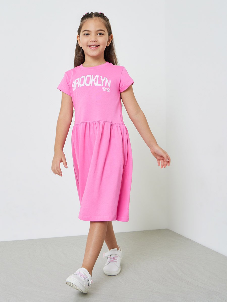 Girls Text Print Round Neck T-Shirt Dress