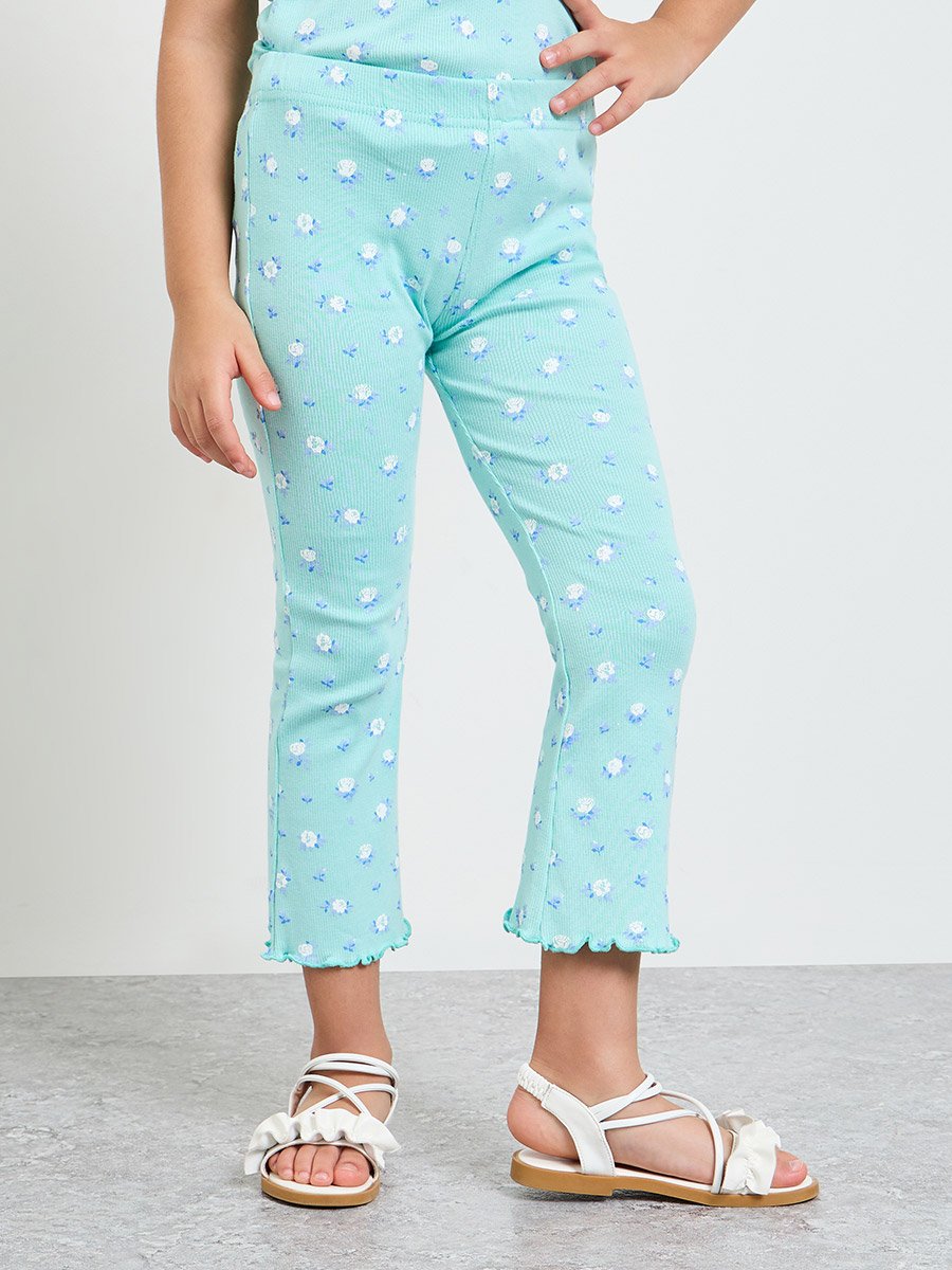 Girls Floral Print Ribbed Leggings