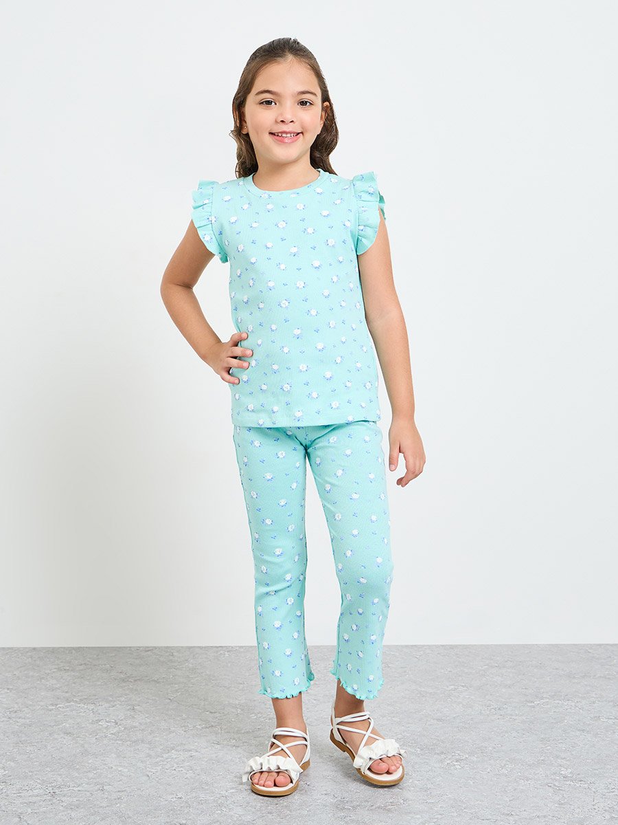 Girls Floral Print Ribbed Leggings
