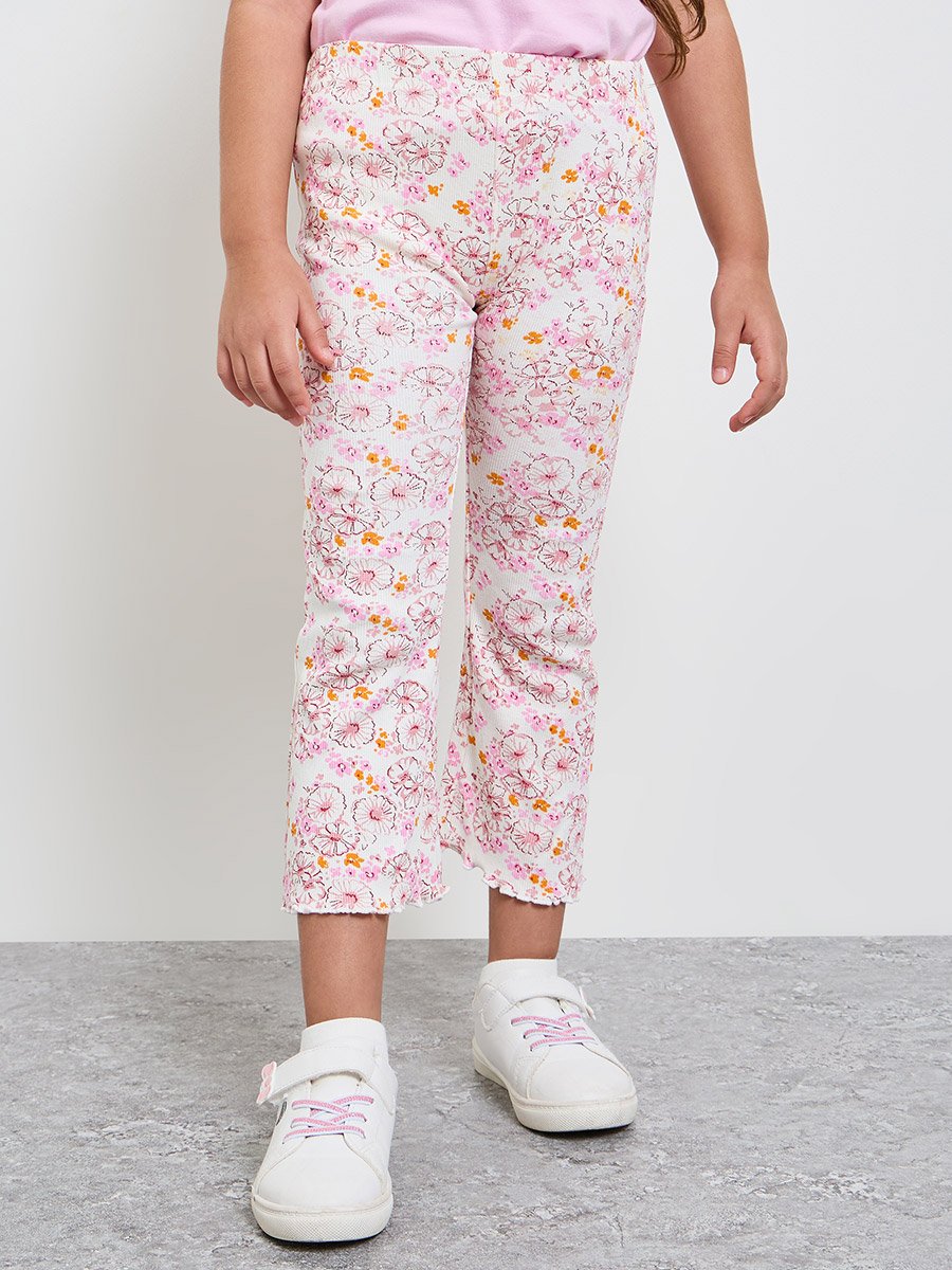 Girls Floral Print Ribbed Leggings