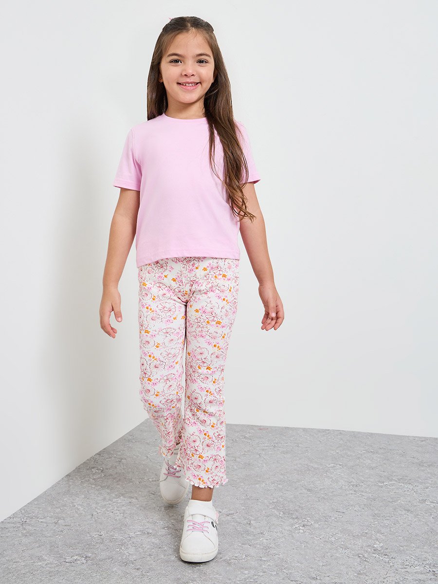 Girls Floral Print Ribbed Leggings