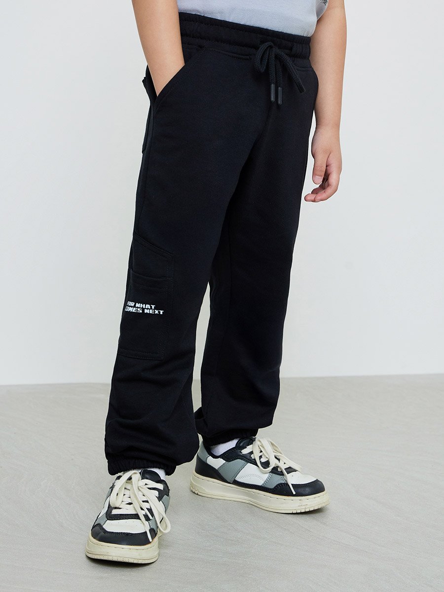 Kids Black Cotton Joggers with Pocket Detail
