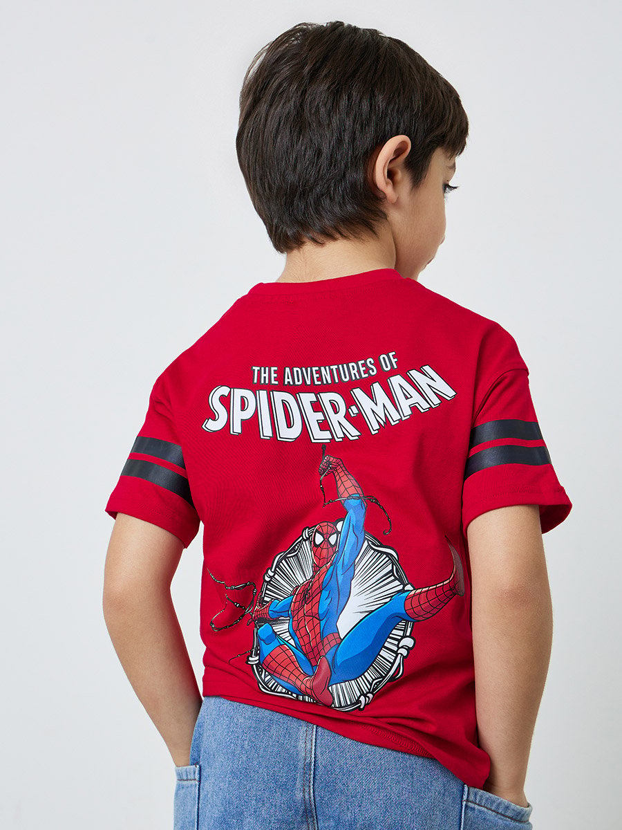 Boys Red Cotton Spider Man Graphic Round Neck T-Shirt