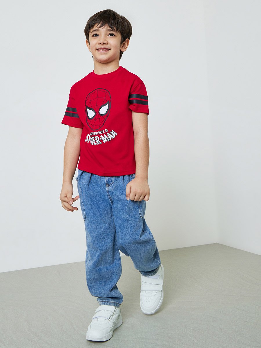 Boys Red Cotton Spider Man Graphic Round Neck T-Shirt