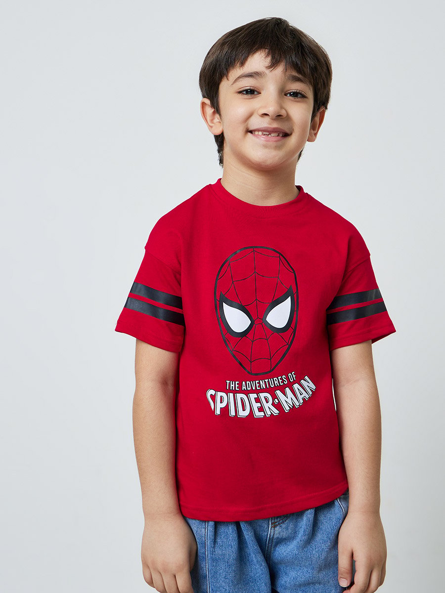 Boys Red Cotton Spider Man Graphic Round Neck T-Shirt