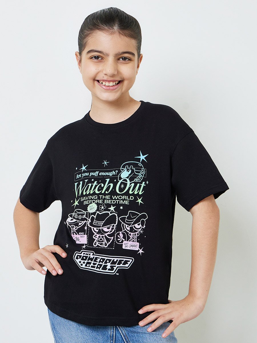 Teen Girls Black Powerpuff Girls Oversized T-Shirt