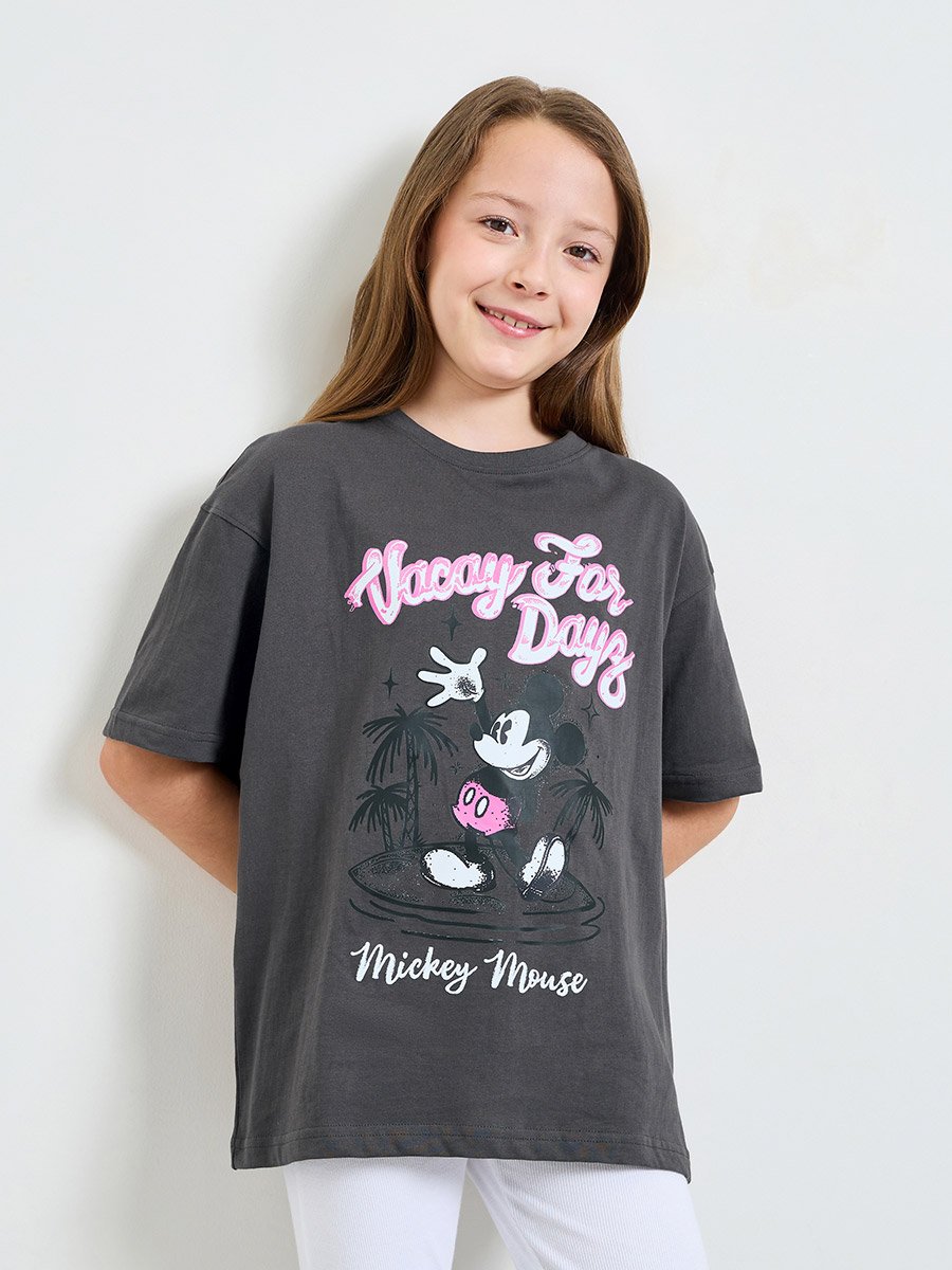 Teen Girls Grey Mickey Mouse Print Cotton Oversized T-Shirt