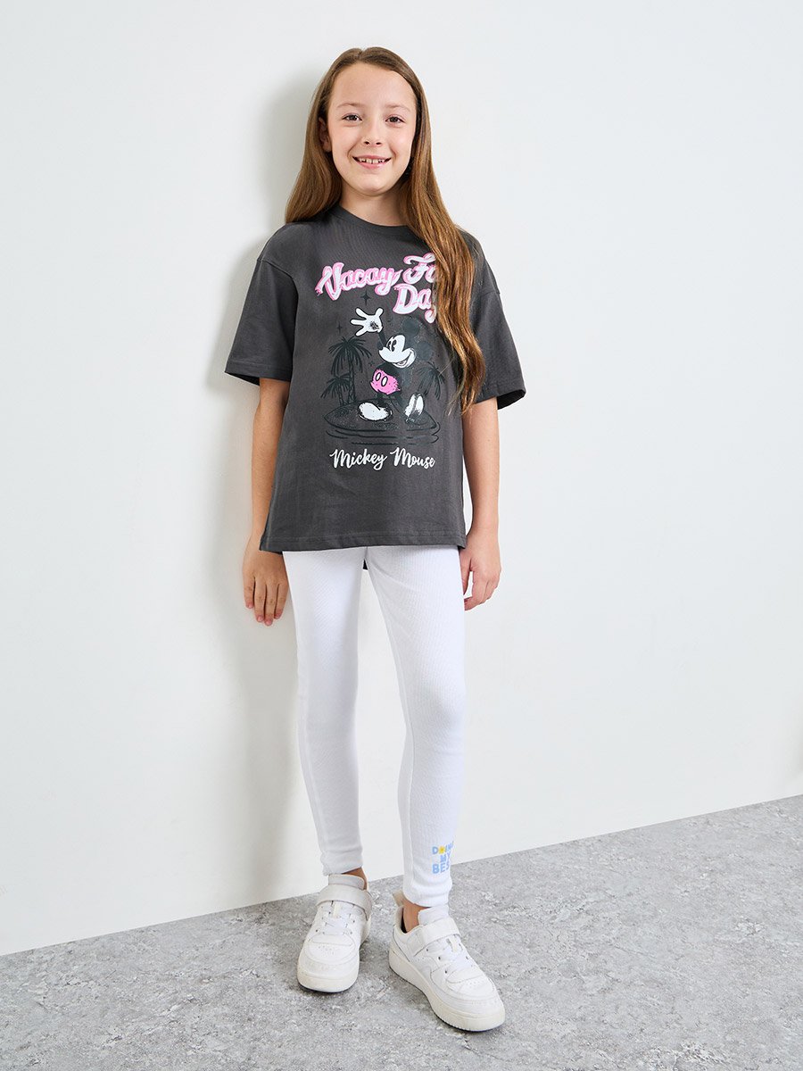 Teen Girls Grey Mickey Mouse Print Cotton Oversized T-Shirt