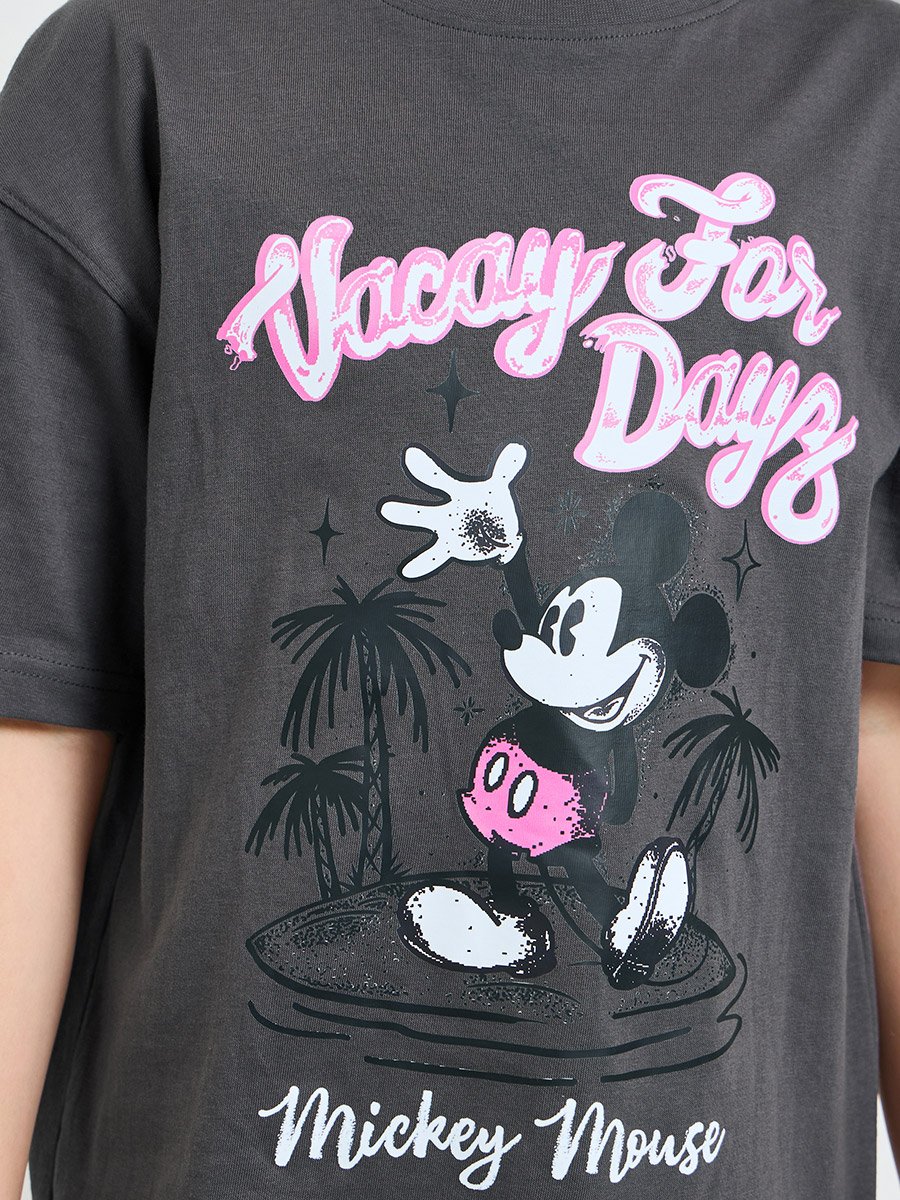 Teen Girls Grey Mickey Mouse Print Cotton Oversized T-Shirt