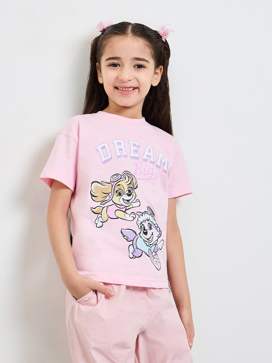 Girls Pink Paw Patrol Print Cotton T-Shirt