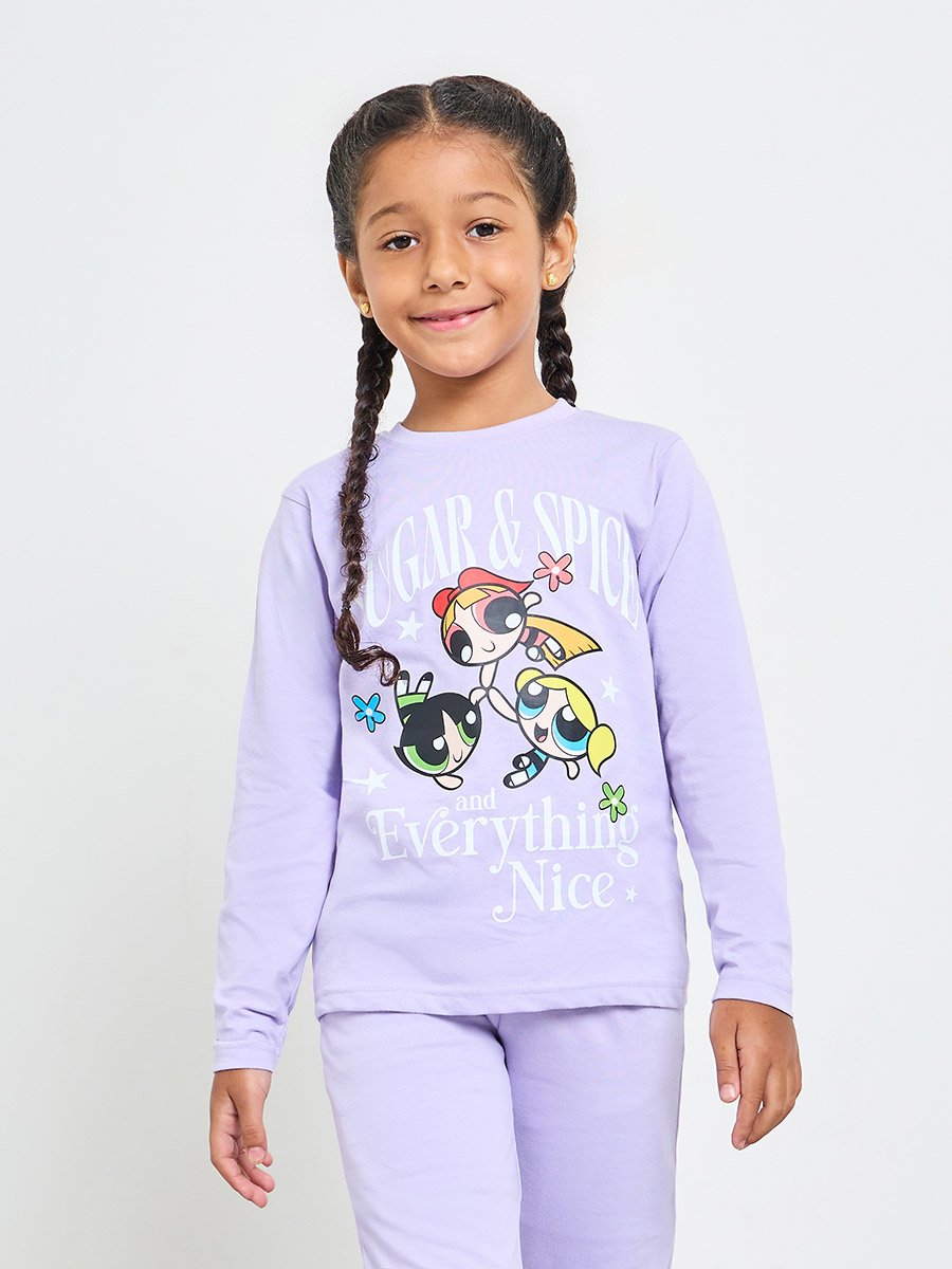 Girls Lilac Powerpuff Cotton T-Shirt and Pyjama Set