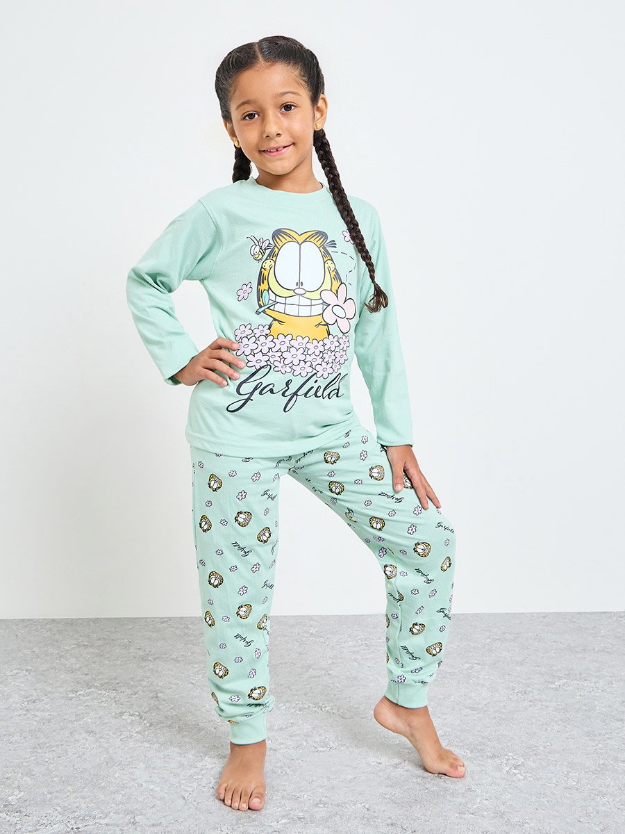 Girls Garfield Cotton Long Sleeve T-Shirt and Pyjama Set